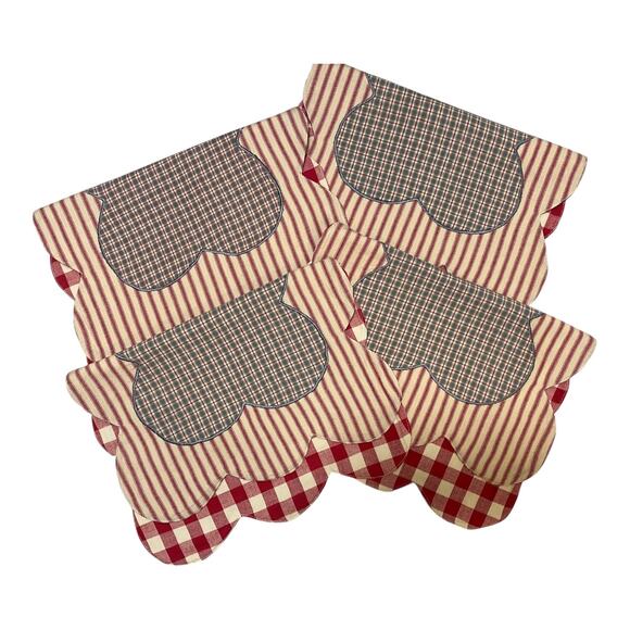 Set of 4 Summers Edge Placemat Set Red Blue Tan Country Picnic Scalloped Striped - Picture 7 of 12